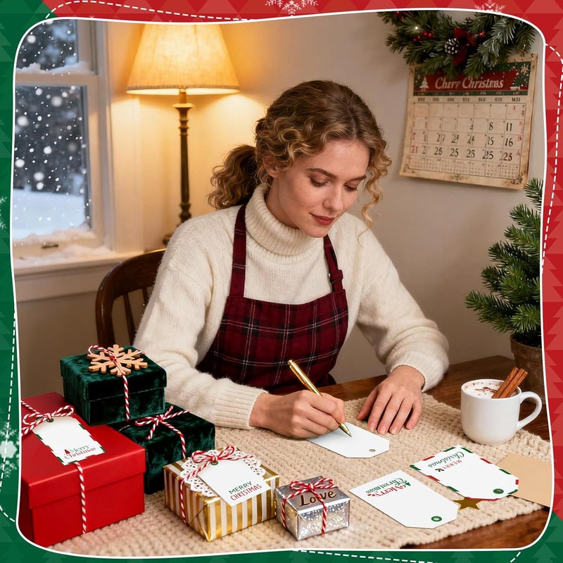 AuraRay Personalizing Christmas Gift Tags, 96 Pack Thick Cardstock Labels with 66ft Red & White String - Merry Christmas Name Tags Stickers Labels for Holiday Presents Gift, 2 x 3 Inch - 4 Designs - Image 5